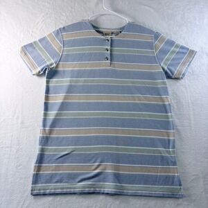Specialty Collection Henley Top Striped Blue Tan Short Sleeve Size M